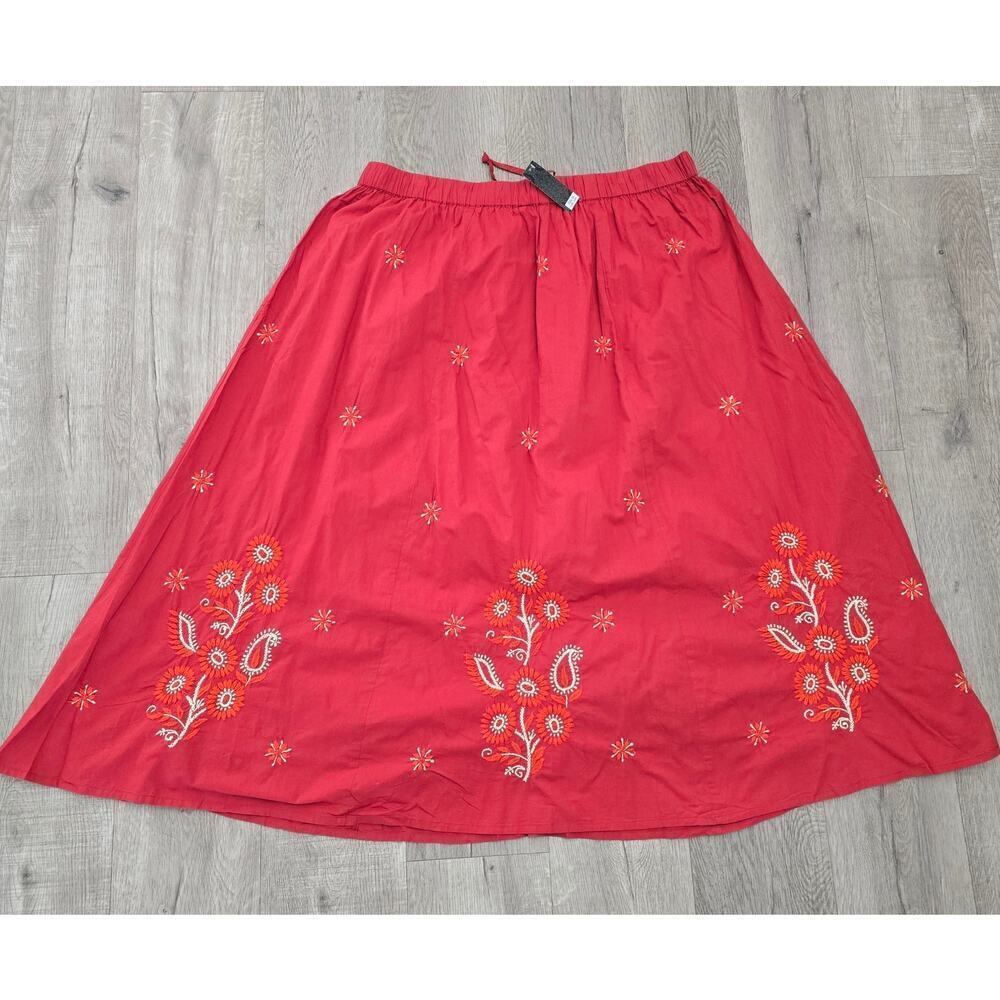 Women’s Red Embroidered Cotton Midi Skirt Sz 3X Boho Cottagecore Peasant Artsy